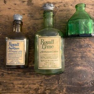 Set of 3 Vintage Glass Display Items: Royal Lyme Bottles & Wheaton Ink Jar